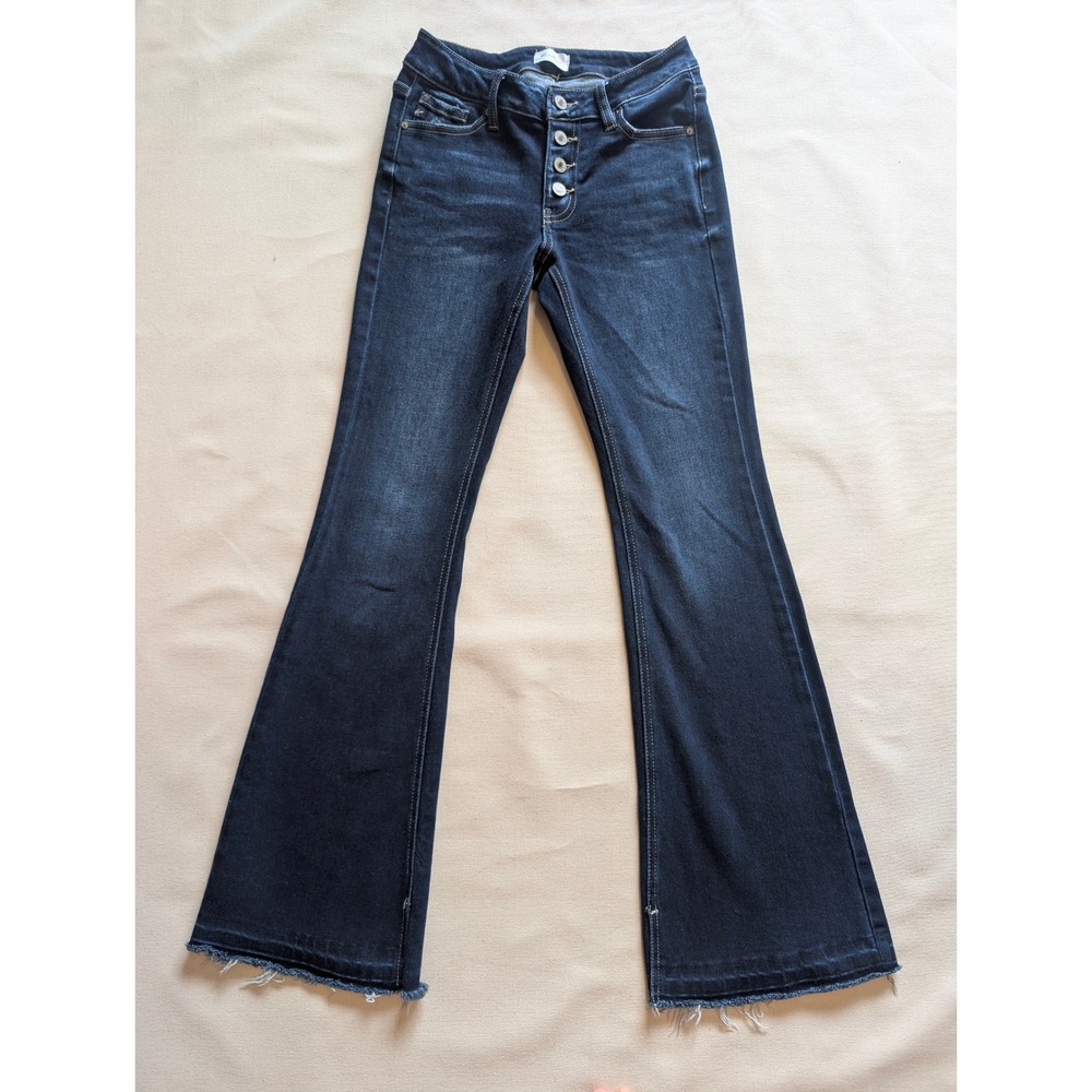 KanCan High Rise Button Fly Flare Jeans Dark Wash Raw Hem KC7338LD Size 3/25
